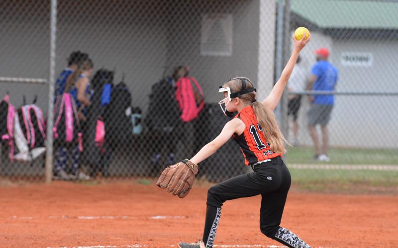 Drew Dotson/Hartwell Sun - Briella Pierce winds up the pitch against Oconee County.