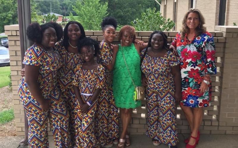 Josh Brannen/The Hartwell Sun - From left to right, Redaphca, Belinda, Samaika, Thaina, Elizabeth Thompson, Mirlanda and Linda Schuler-Gunter outside the Forest Heights Baptist Church on Sunday.