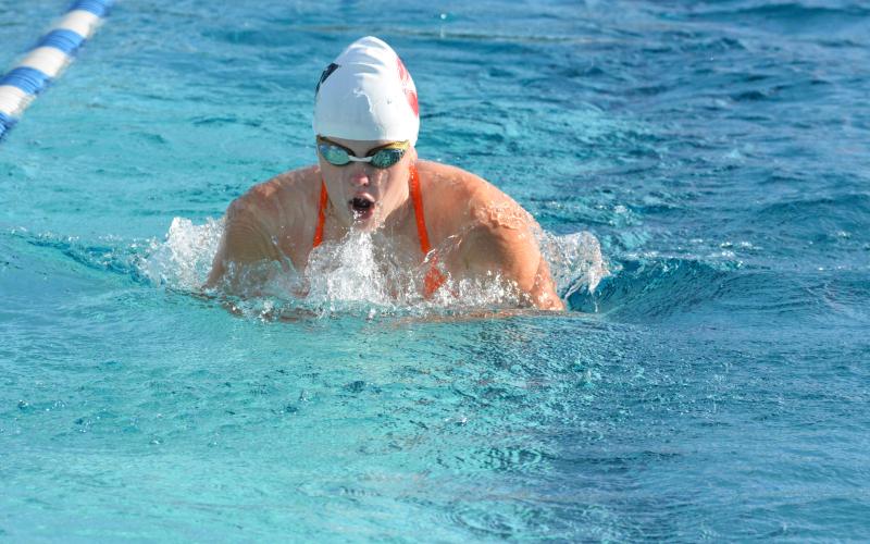 Drew Dotson/The Hartwell Sun - Savannah Stannish emerges from the water to take a breath while practicing doing the breaststroke.