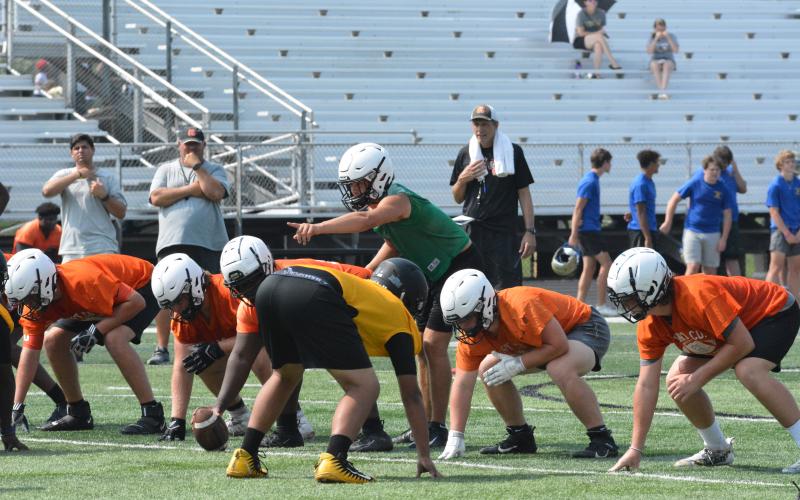 Drew Dotson/The Hartwell Sun - Hart County High School’s junior quarterback Austen Whitworth surveys the defense before the snap during a July practice.