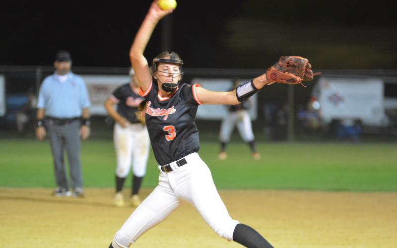 Drew Dotson/ The Hartwell Sun - Emilee Sanders pitches in the Bulldogs’ loss at home against Banks County.