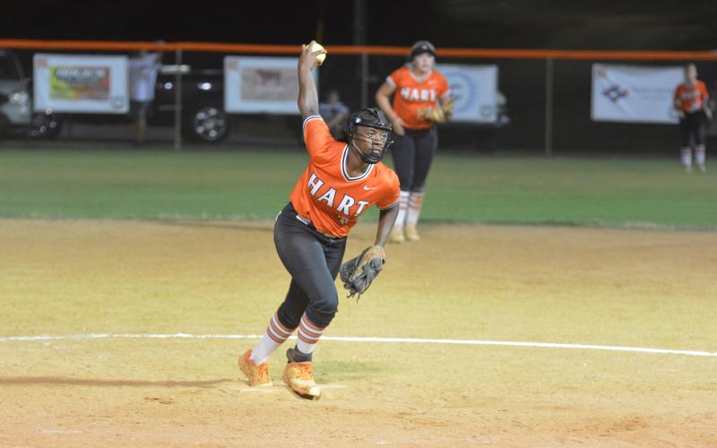 Takibrea “Red” Campbell winds up in the eighth inning in Hart’s 6-5 loss.