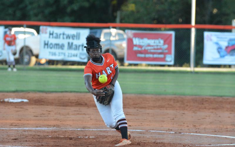 Taikibrea “Red” Campbell sends a strike to home plate against Franklin County on Sept. 23.