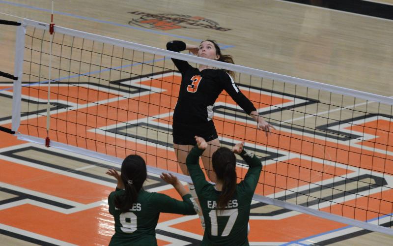 Senior Aliza raises for a spike in a home contest.