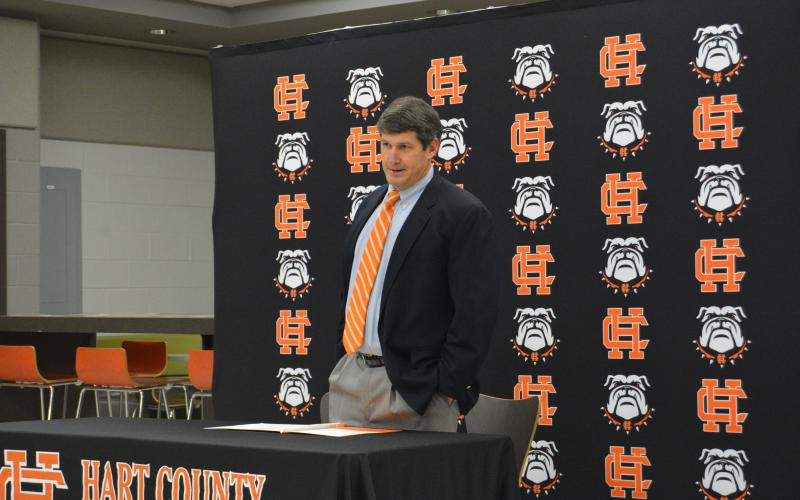 New Hart County football coach and athletic director Cory Dickerson speaks at last week’s introductory press conference.