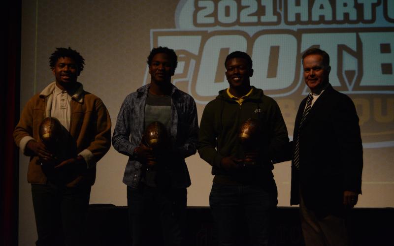 From left, Malachi Kelley, JL Lackey and Keegan Dye were presented the Captains’ Awards by head coach Rance Gillespie.