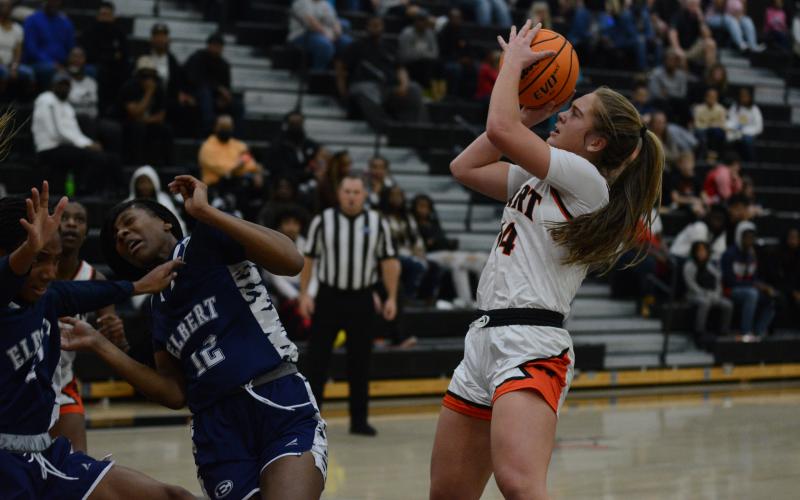 Dakota Phillips makes a fade-away shot in her 17-point performance against Elbert County in the McDonald’s Shootout finals.