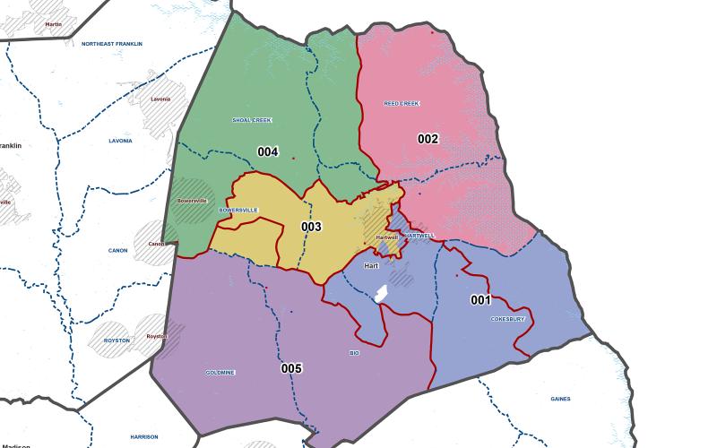 Image submitted - Map displaying the before and after of redistricting in Hart County. Colors indicate new districts. Red lines indicate old districts.