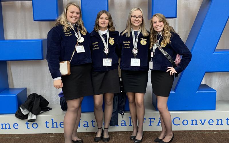 Photo submitted - Avery Adams, Piper Bond, Rachel Mize and Katie Haulk are pictured in Indianapolis, Indiana for the National FFA Convention October, 2021.