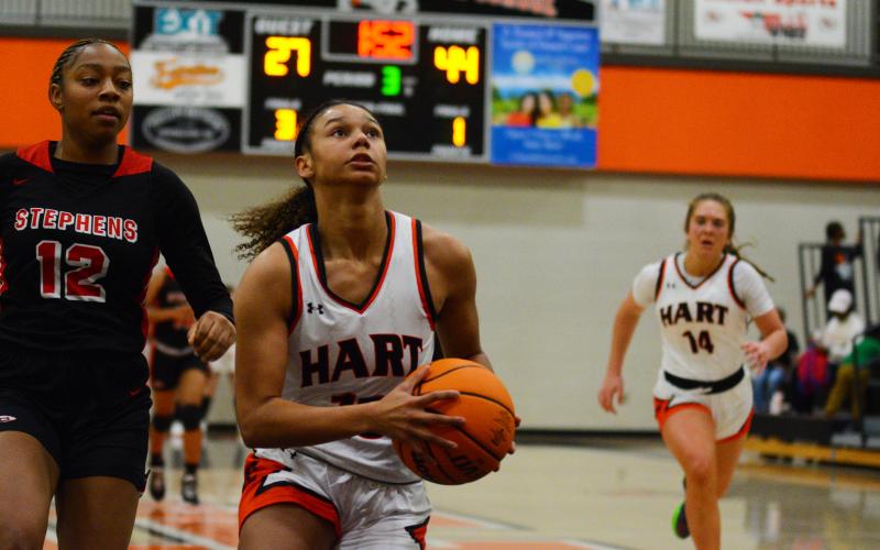 Alexis Walker eyes the hoop in a breakaway against Stephens County on Feb. 4.