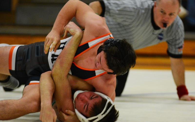 AJ Smith takes control of his Franklin County opponent at the region dual meet in Watkinsville on Jan. 8.