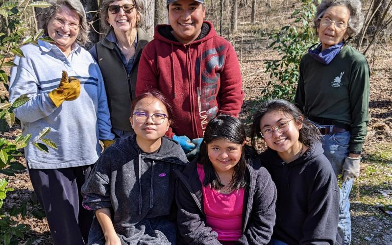 (Back L-R) Group leader Jeannie Brownsberger, garden volunteer Vickie Peace, Ulises Orbe and garden volunteer Ellen Forbus.