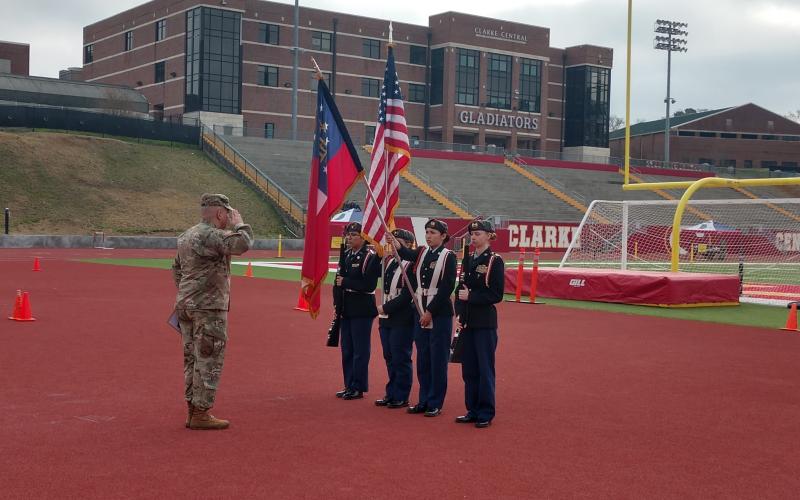 The female color guard consisting of Anna Richardson, Dayryn Morales, Lexis VanMeter, Gelsey Aguilar.