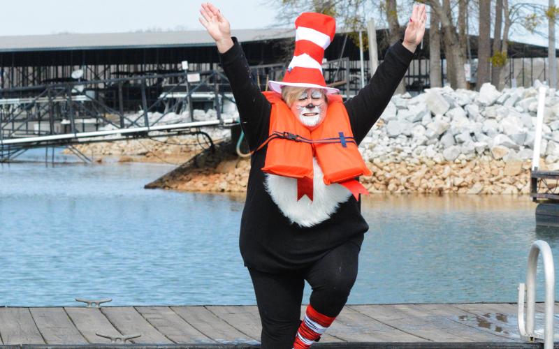 April Garner takes the plunge in her Cat in the Hat costume.