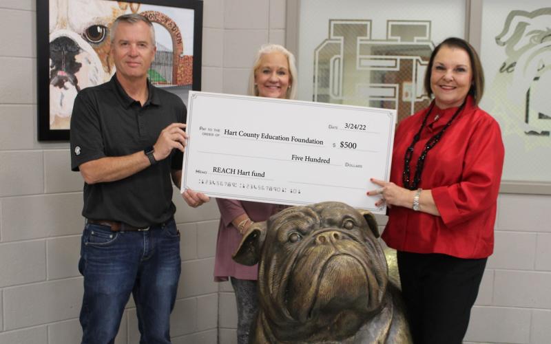 Pictured, from left to right, are Rotary Club of Hartwell President Rich Mewborn, Rotary Club of Hartwell Youth Services Chair Wyndee McKinnon, and Hart County Education Foundation Director Bobbie Busha.