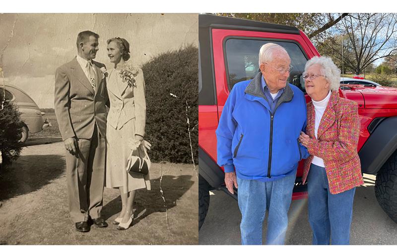 Douglass and June Hiley smile and gaze at each other for their wedding picture. Pictured right are Douglas and June in the same pose 70 years apart. The couple was not told to strike the same pose in the recent picture and did so naturally.