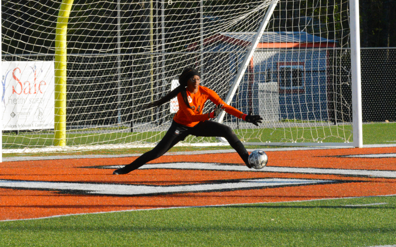 Drew Dotson/ The Hartwell Sun - Janasia Gaines stretches to make a save in the tie to Madison County.