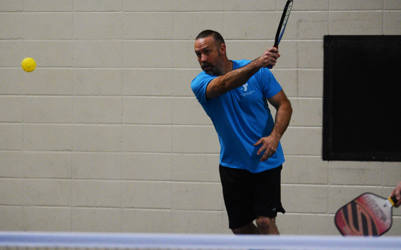 Drew Dotson/ The Hartwell Sun - Shawn Thompson returns volley in the Lake Hartwell March Madness Pickleball Tournament on Friday, April 8.