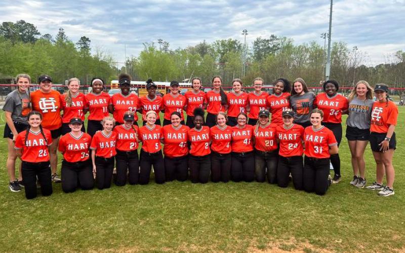 The Hart County slow-pitch softball team pose after advancing to the Elite 8 tournament with wins over Creekview and Mountain View.