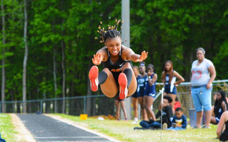 Valasha Carter takes the gold in the long jump and the triple jump at Hart’s home meet on April 21.