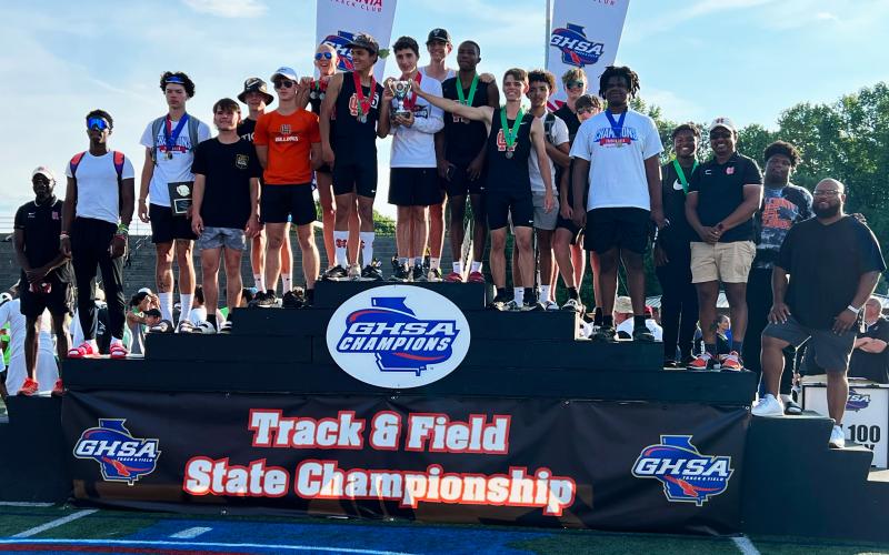 Hart County’s boys track team celebrates a second place team finish and several individual achievements at the conclusion of the state championship meets on Saturday, May 14.