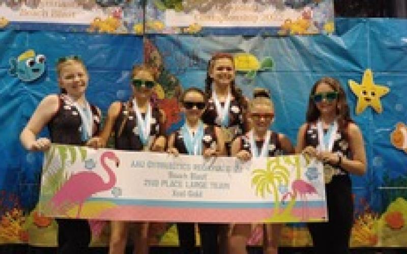 Xcel Gold Team placed 2nd in the region. Pictured L-R: Chastyn Haynie, Bella Beck, Aeryn Back, Kailyn Bowers, Gracen McAdams and Maci Dudley.
