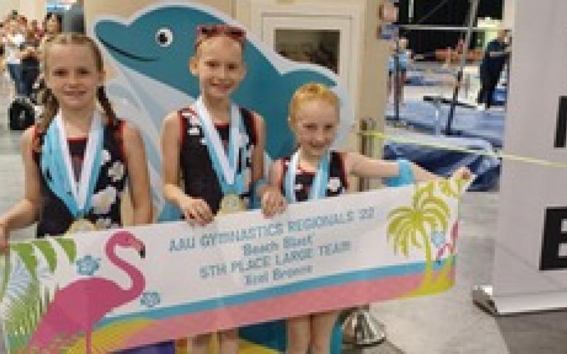Xcel bronze Team placed 5th in the region. Pictured L-R: Reagan Johnson, Kennedi Pennington and Tristyn Thompson.