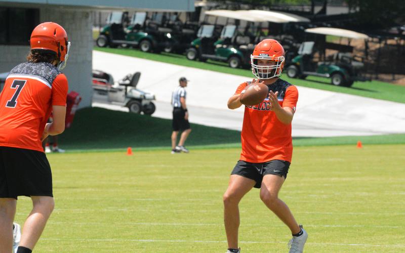 Senior quarterback Austen Whitworth scans the field as he takes a snap.