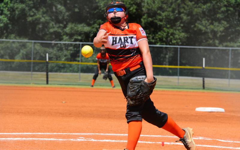Marlee Bowers throws a strike in a strong pitching defensive performance, limiting Franklin County to three runs.