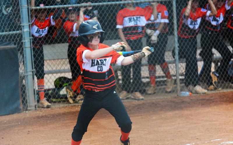 Keegan Martin gets a hit in Hart County Little League baseball’s first game against Toccoa.