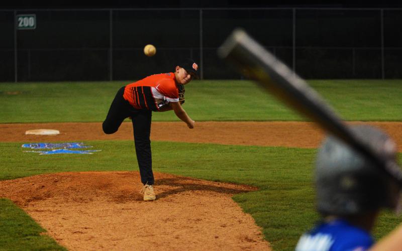 Aiden Kennedy pitches in Hart County’s final game with Toccoa on Monday, July 11.