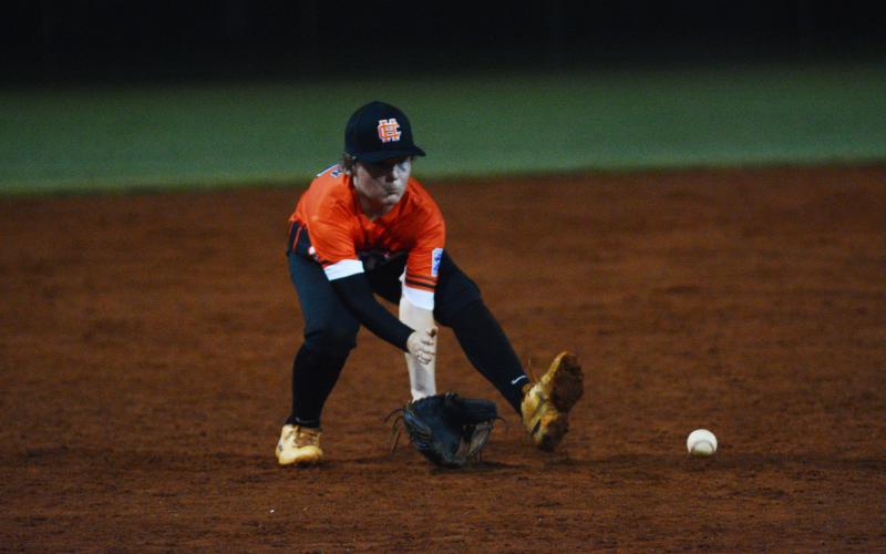Zach Bowen scoops up a ground ball from third base in the win over West Point on Monday, July 18.