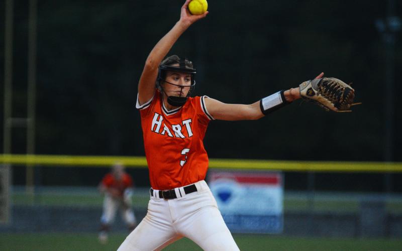 Emilee Sanders winds up a pitch against Elbert County.