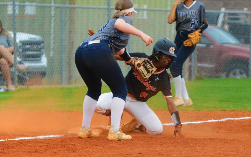 Jakalah Allen slides into third safe against Elbert County.