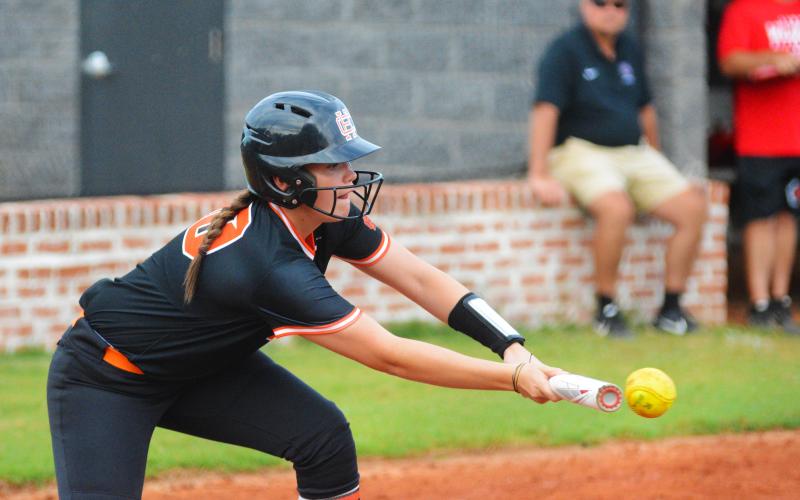 Gracie Cook lays down a bunt in the win over Rabun County on Thursday, Aug. 25