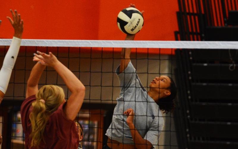 Cali Beebe goes up for a block against Alexis Walker.