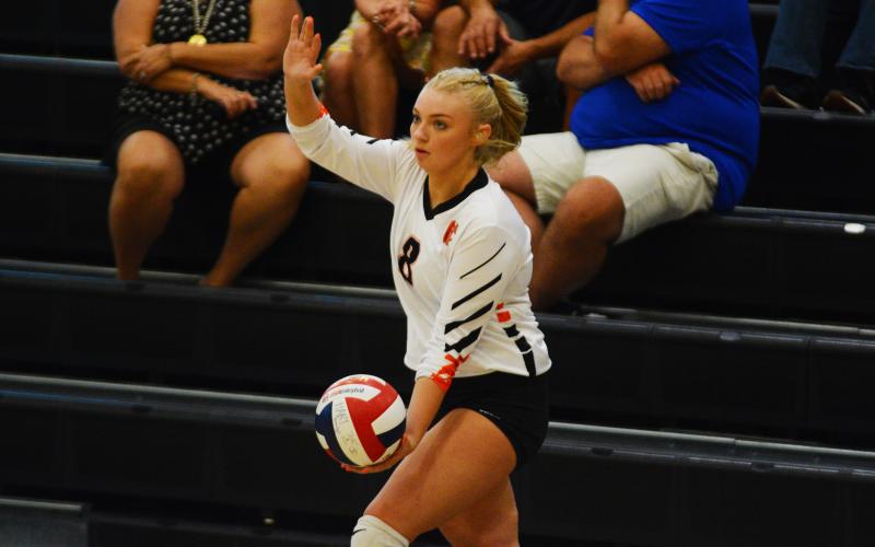 Drew Dotson/The Hartwell Sun - Cali Beebe gets ready to serve in a home game earlier this season.
