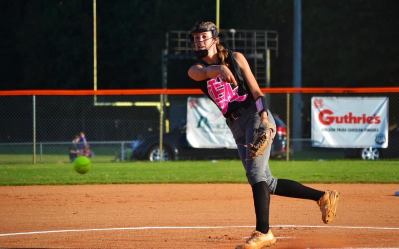Emilee Sanders pitches the ball against Oconee County on Sept. 15.