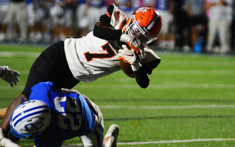 Nori Moore stretches for the goal line but comes up short.