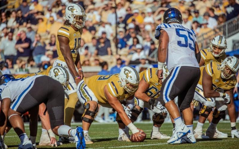 Georgia Tech senior center Will Law prepares for the snap in Tech's overtime win over Duke.