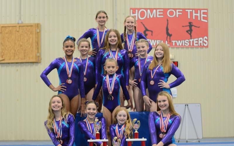 First row from left to right: Julianne Bond, Madalyn Dault, Tristyn Thompson, and Adrianne Pennington. Second row from left to right: Cheyenne Rucker, Emma Kale Garland, and Chastyn Haynie. Third row from left to right: Aeryn Back, Charley Lloyd, and Gracen McAdams. Fourth row from left to right: Maci Dudley and Kennedi Pennington.