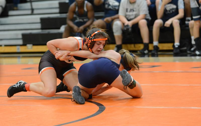 Nicole Whaley pins a Lady Mat Eagle in the home loss to the Mat Eagles of East Jackson, 57-22. Hart also lost to the Mat Tigers of Crescent High School of South Carolina, 45-22.