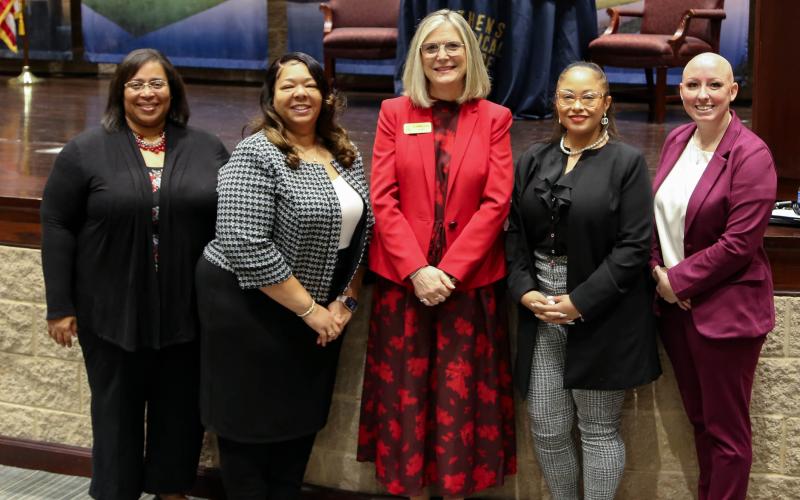 Pictured left to right are Katina Tate, Andraa Perrin, ATC President Dr. Andrea Daniel, Shelby Long and Jess Chavers at the Athens Technical College awards ceremony. These top instructors and students will go on to represent the college in state competitions this spring.