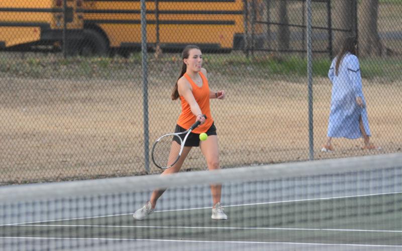 Ryleigh Jordan returns a serve in a heartbreaking loss in a tiebreaker, 3-7 against Elbert.