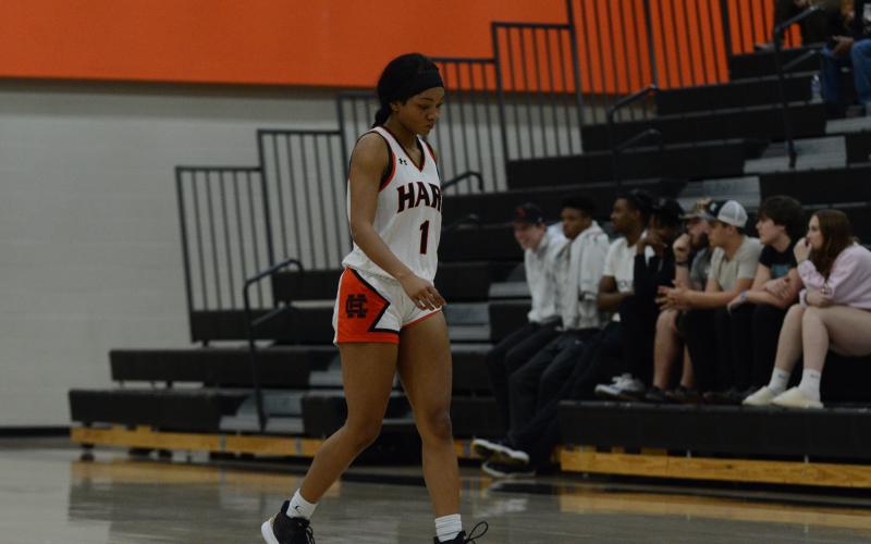 Lady Dogs lone senior Valasha Carter steps off the floor for the final time for Hart County in the 41-34 loss to Dawson.