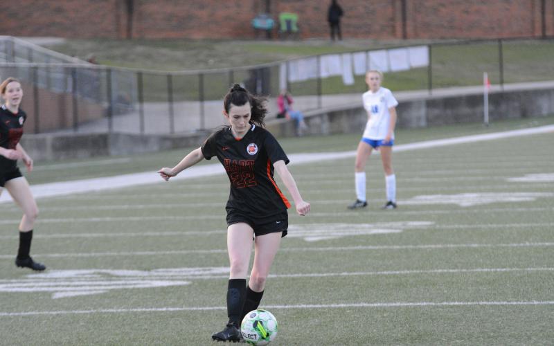 Senior midfielder Abby Ashworth nets a goal versus Jasper County in the 3-3 draw against the Hurricanes on Feb. 25