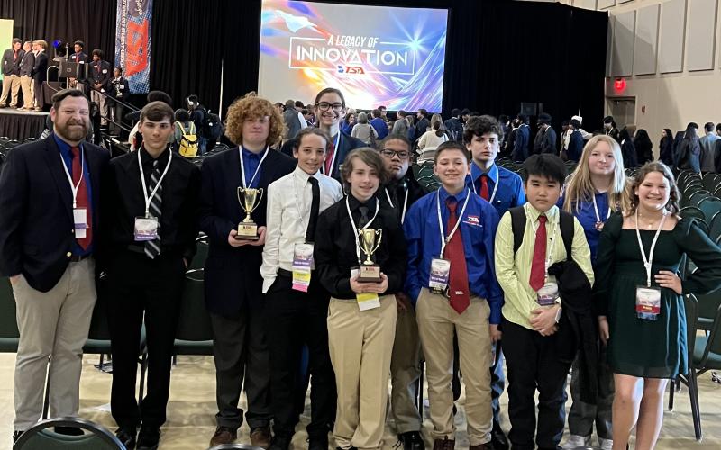 Pictured is the Hart County Middle School TSA team after achieving two state runners-up and eight top-10 placements. Pictured from left are advisor Joshua McCurley, Gage Vasile, Brody McDuffie, Jonas Leard, Torin McCurley, Kahner Ethridge, Jyrese Quillian, Case Cothran, Kyson Brown, Johnson Dang, Karlee Gaines, Evie McCurley.