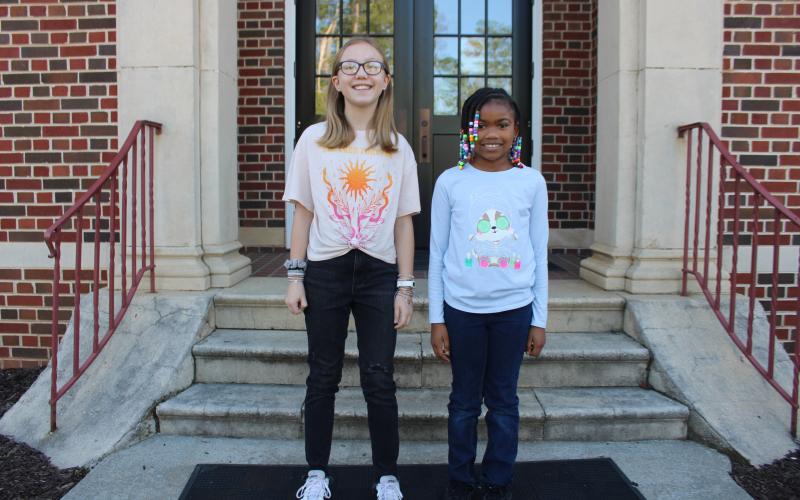 The system-wide Young Georgia Authors contest winners from Hartwell Elementary School. Kaydance Kyle, on left, won the contest for fifth grade, and Tori McLendon, on right, won the contest for Kindergarten.