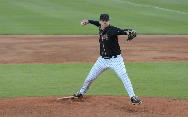 Pictured is junior reliever Owen Kesler as he came in and relieved junior pitcher Will Pittman who went six and a third innings before he was relieved by Kesler.