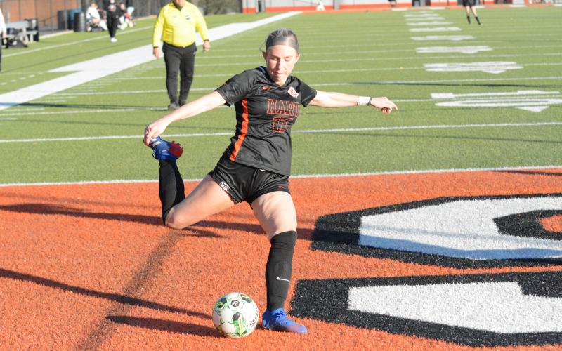 Pictured is sophomore midfielder Teague Pierce crossing the ball into the box in the 6-3 loss to Stephens County on Tuesday.